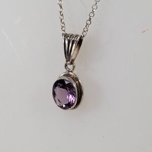 Sterling Silver Amethyst Pendant Necklace 16" Bezel Set Oval 925